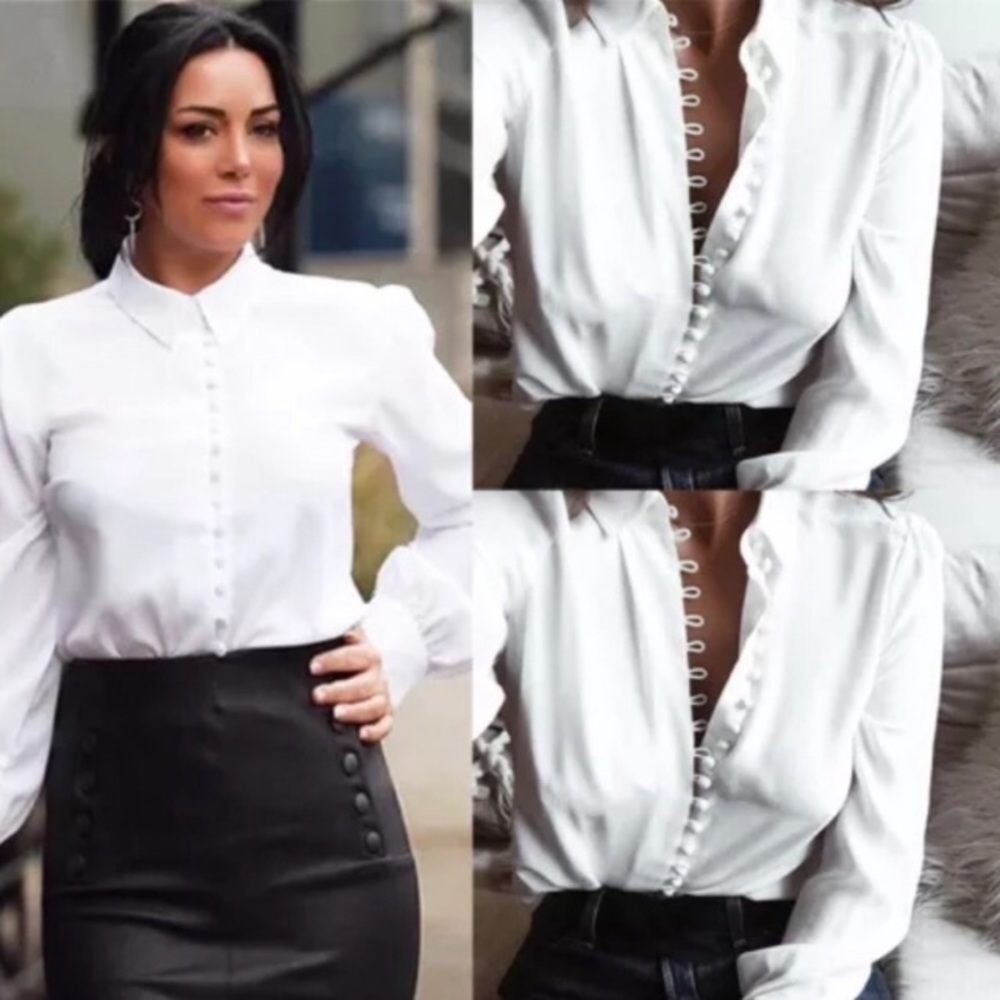 The Ava • Crisp White Button Up Blouse PTP 21” - Picture 3 of 7